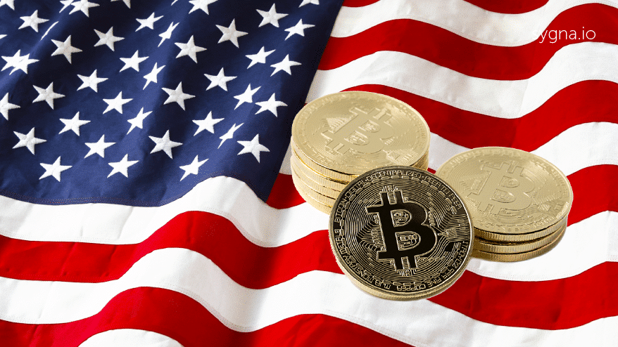 U.S. flag with cryptocurrencies bitcoin